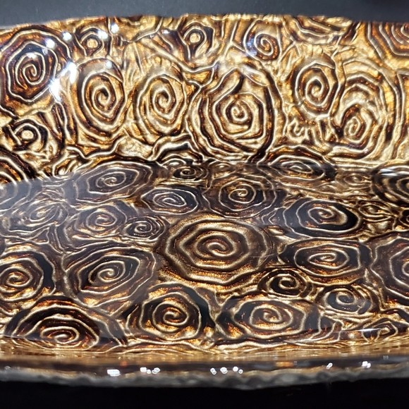 17 1/2" x 10" Glass Copper Bronze Brown Art Glass Decor Bowl with Silver Bottom - Picture 5 of 16